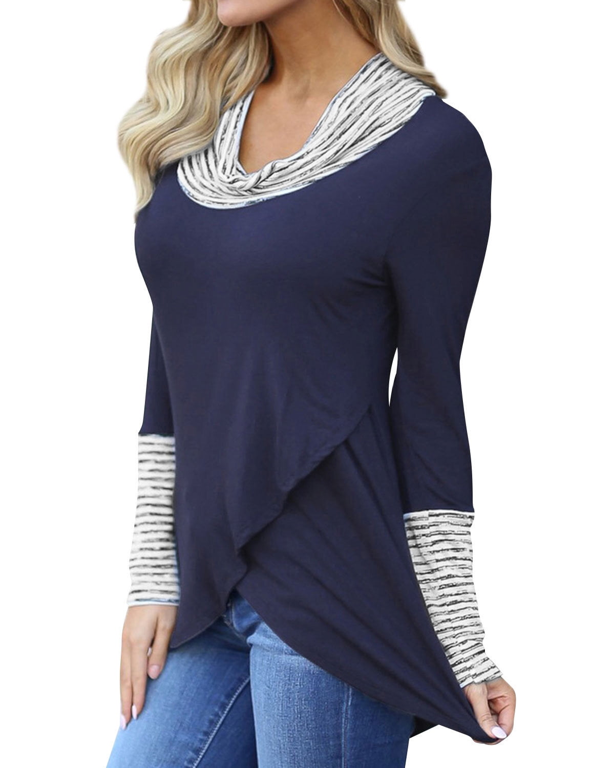 Women s Cowl Neck Striped Long Sleeve High Low Hem Tunic Top