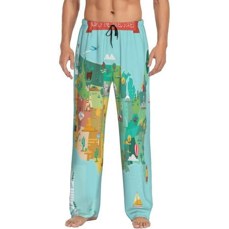 Daiia USA Tourist Map Men's Sleep Pant with Pockets and Drawstring,Pajama Pants-Small