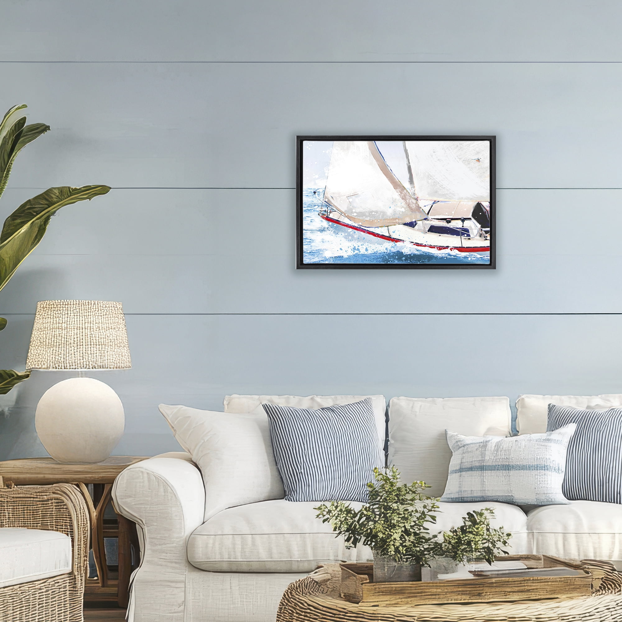 Stupell Industries Sailboat Racing Through Blue Waves Black Framed Floater Canvas Wall Art, design by Porter Hastings