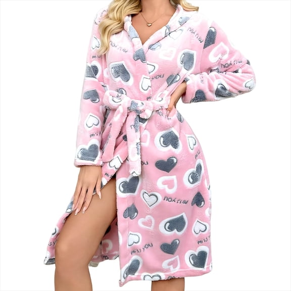 Fesfesfes Women Hooded Bathrobe Long Sleeve Front Pockets Soft Warm Winter Robe Cozy Casual Wear Plush Fleece Housecoat for Home Relaxation Casual Wear(Pink#1,XL)