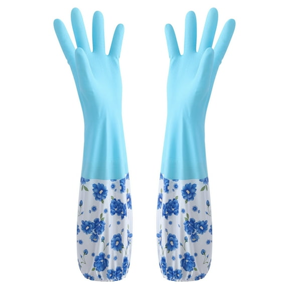 Elainilye Cleaning Gloves, Floral Rubberized Household Gloves with Velvet Lining, Long Anti-Skid Dishwashing Gloves for Winter, Hot Water Protection, Blue