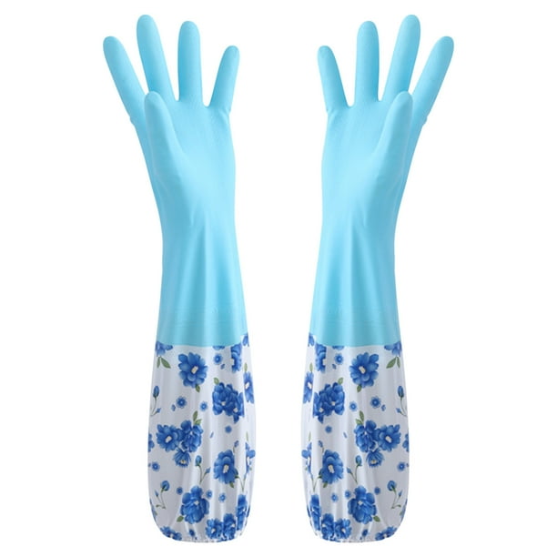 Pisexur Batería de cocina Guantes de limpieza de flores, de goma y terciopelo, largos, para uso doméstico, antideslizantes, para el lavado del hogar. para la cocina del hogar