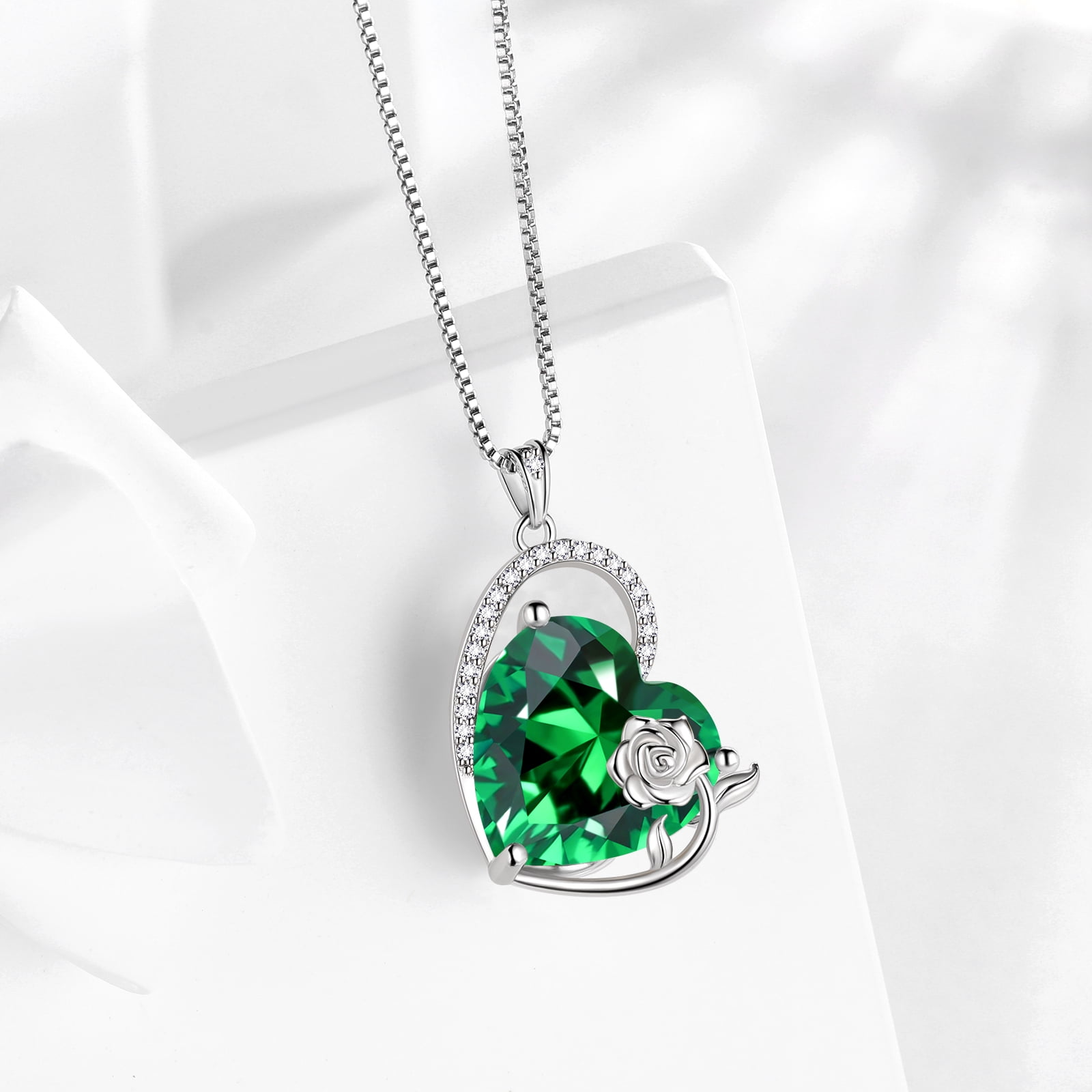 Juwaliy 925 Sterling Silver 15MM Heart Necklace Women May Birthstone Emerald Jewelry Green Rose Flower Pendant Birthday Christmas Mother's Day Gift