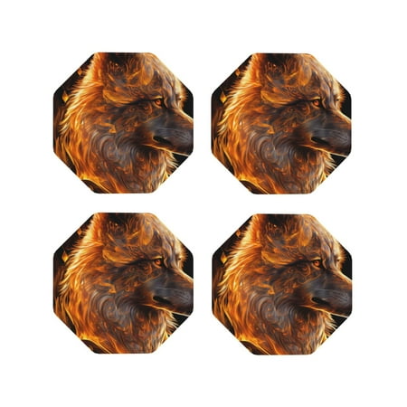 

Matuu Gold Flame Pattern Wolf for Cup Coasters Set of 4 Leather Coasters Desk Coasters for Office Measures 4” x 4”-Octagon