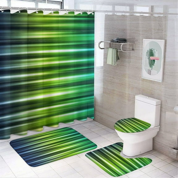 3D Abstract Lines 4PCS Shower Curtain Sets with Rugs with Non-Slip Bath Mat Toilet Rug，72" X 72"