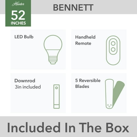 Hunter - Bennett Indoor Ceiling Fan With Light, Remote, 52-inch, Matte Black, Rustic-style, 3-speed WhisperWind Motor, 54187, for living rooms, bedrooms, home offices, kitchens