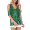 thumbnail image 1 of QLEICOM Women 2023 Summer Tops T-shirt Casual Short Sleeve Lace Up V-Neck Loose Print Tie Dyed Tops Green L, US Size 8, 1 of 4