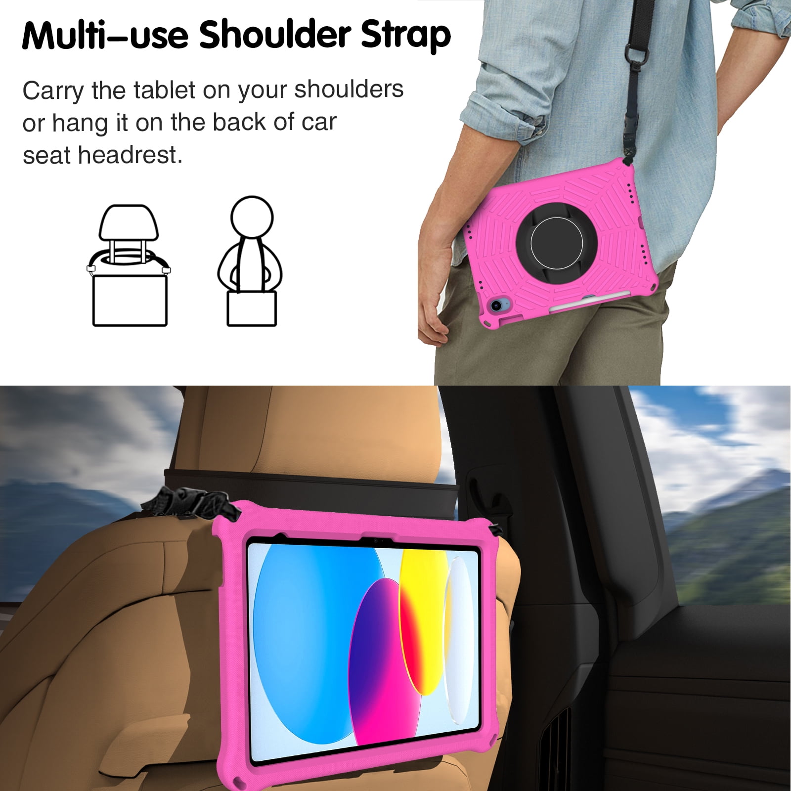 Dteck Rugged Case for Apple iPad (10th generetaion) 10.9-inch 2022, Shockproof Drop Protection Cover with 360 Rotatable Kickstand Shoulder Strap Pencil Holder for 10.9" iPad 10th Gen Case 2022,Rose