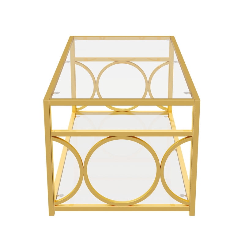 Glass Top Coffee End Table with Gold Metal Frame, Rectangular 2-Tier Storage Center Cocktail Table with Open Storage Shelf