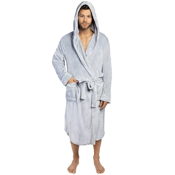 PAVILIA Mens Hooded Robe, Light Grey Mens Robe with Hood, Plush
