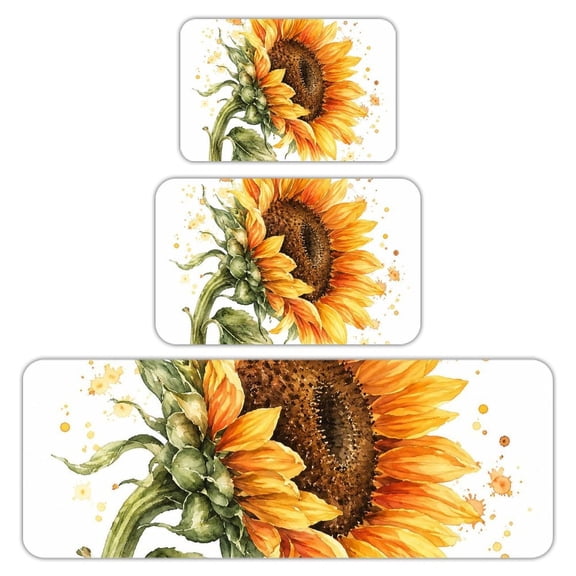 RKSupls Kitchen Rug Set 3 Piece Anti-Slip Flannel Floor Mats, Single Sunflower Watercolor Washable Absorbent Runner Mats for Kitchen Bathroom Home Decor
