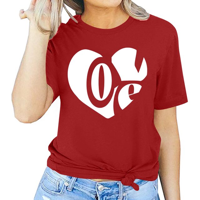 Meichang Valentines Day Tee-Shirt Femme Imprimé Cœur Mignon Col Rond Manches Courtes Vacances T-Shirts Valentines Day