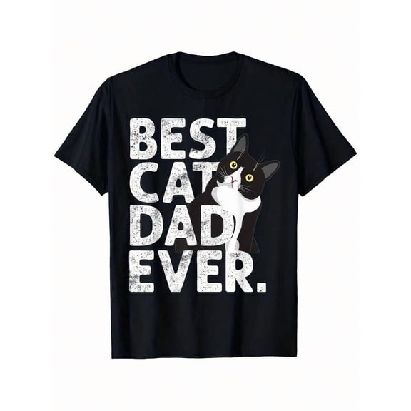 【New Arrival】Best Cat Dad Ever Tuxedo Cat Distressed Lettering Graphic T-Shirt, Cotton Crew Neck Short Sleeve Tee, Cat Owner Casual Wear Gift For Cat Loving Men