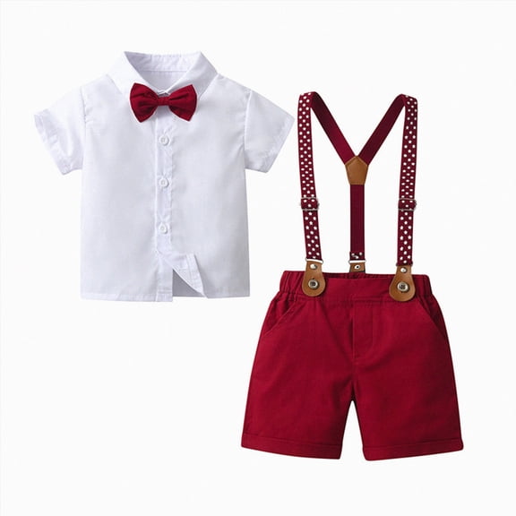 WUANDIXFA Toddler Boy Clothes Suit Gentleman Wedding Outfits Kids Formal Dress Shirt Bowtie Suspender Shorts 6 12 18 24 Months 2t3t4t Boy Suit Red,2-3 Years