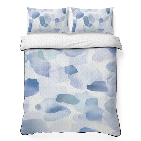 Blue 3 Piece Quilt Bedding Set with 2 Pillow Shams, Watercolor Lightweight Bedspread Coverlet, Soft Breathable All Season Quilt, 90 x 96 Inch