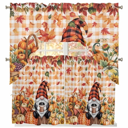 Fall Gnome Pumpkin Swag and Tier Curtains Set Fallen Leaves Thanksgiving Orange Plaid Kitchen Valances with Tier Curtains 36 in Long Light Filtering Curtains for Sink Laundry Bathroom