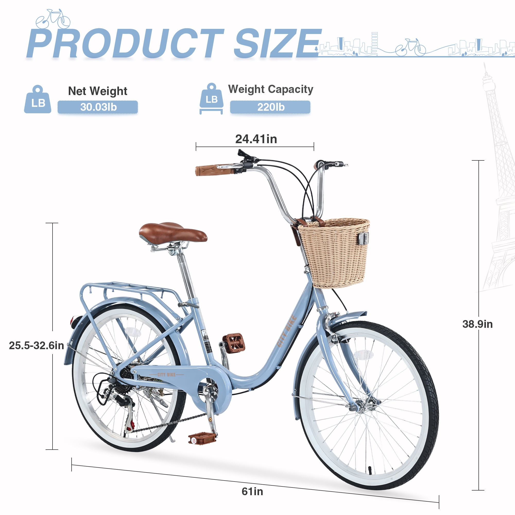 Aukfa Cruiser Bike, Hybrid Bikes with Basket for Girls Kids,Blue