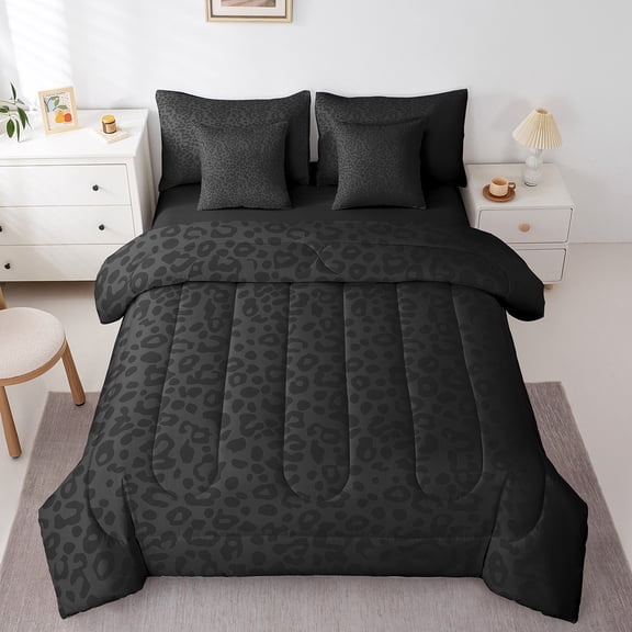 Manfei Leopard Print 7-Piece Twin Bedding Sets,Animal Wildlife Bedding Comforter Set,Black Grey Breathable Sheet Sets,Breathable Abstract Room Decorative,Reversible