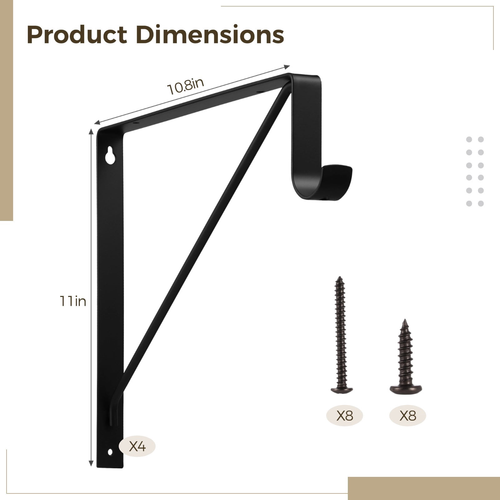 4 PCS Heavy Duty Closet Rod Brackets, Black 11 x 11 Inches Closet Shelf and Rod Bracket Holders for Home and Closet Decor, Wall Mount Closet Shelf Hook Brackets Racks