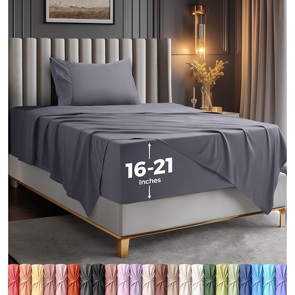 4-Piece Extra Deep Pocket Sheet Set | Fits 18 to 21 Inch Mattresses, Soft Cooling Microfiber, Hotel Luxury, Wrinkle & Fade Resistant, OEKO-TEX Certified | Utopia Bedding, Twin, Grey