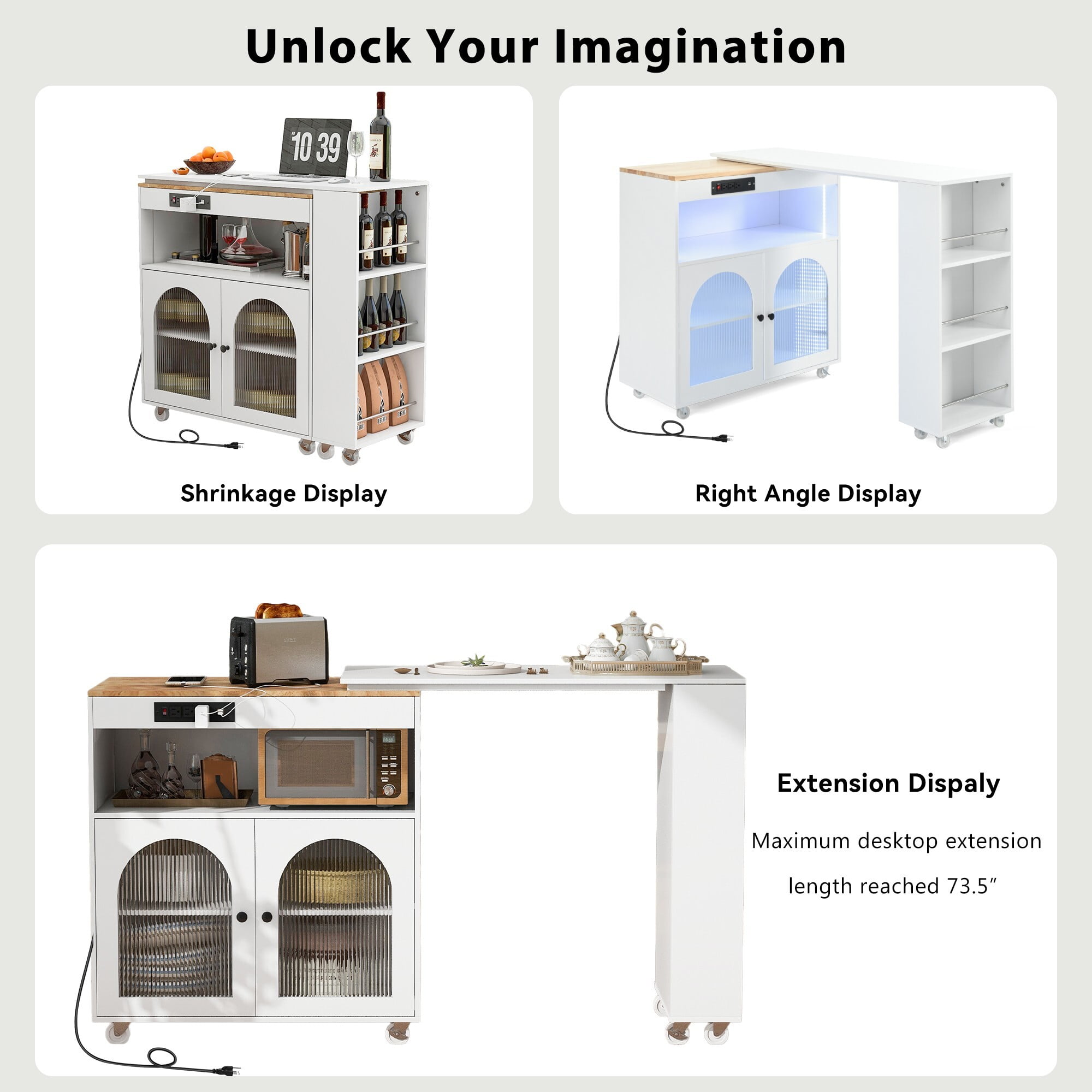 AENKYO Rolling Kitchen Island With Extended Table, Kitchen island on Wheels with LED Lights,Power Outlets,2 Fluted Glass Doors, Storage Compartment and Side 3 Open Shelves,White