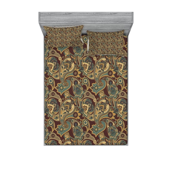 Ambesonne Paisley Fitted Sheet & Pillow Sham Set, Persian Hippie Florets, Full, Sand Brown Chocolate