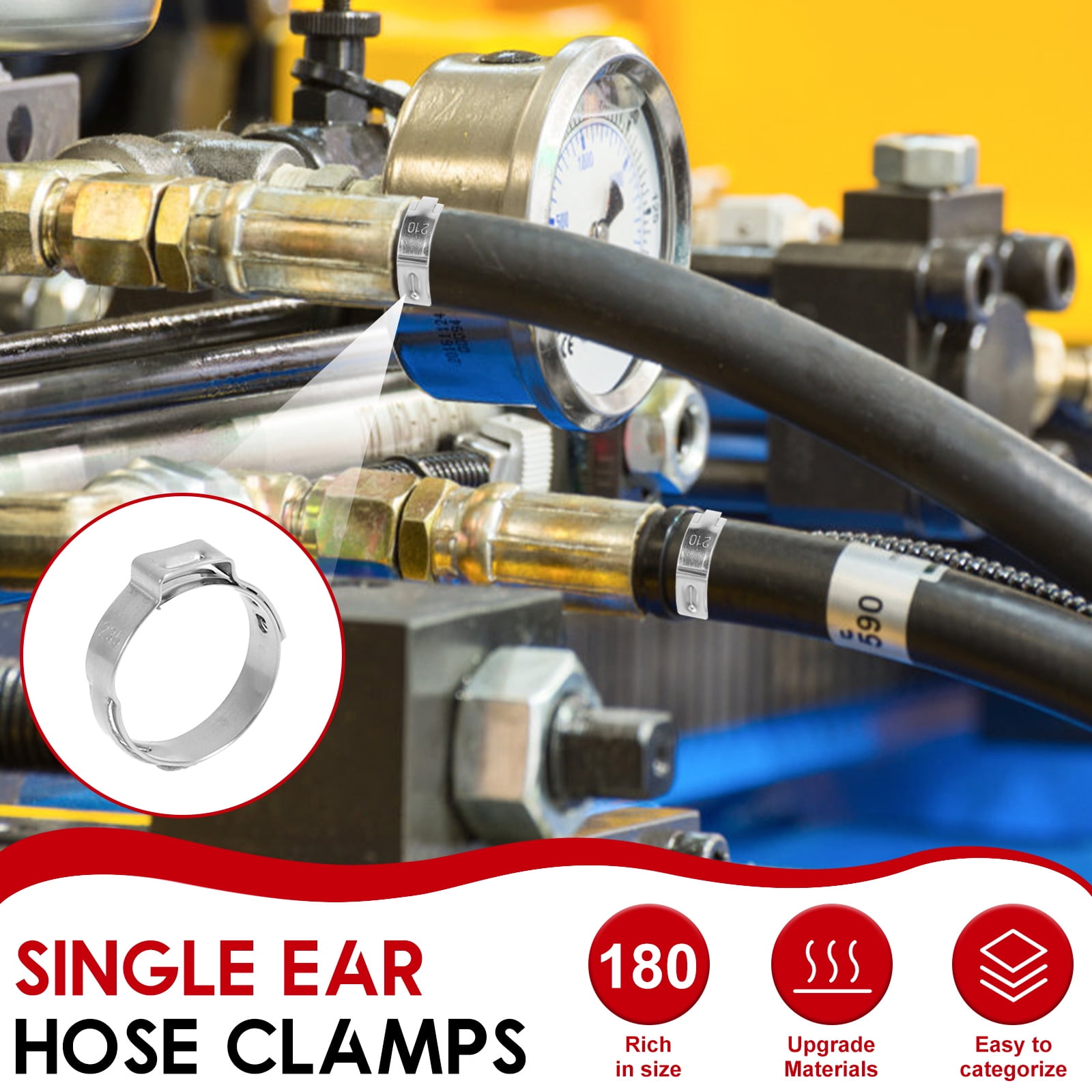 AEVXKHI 180PCS Single Ear Hose Clamps, 6.5 to 33.1mm 12 Sizes, 304 Stainless Steel Crimp Hose Clamps with Pincer for Automotive Pipe Industrial Use