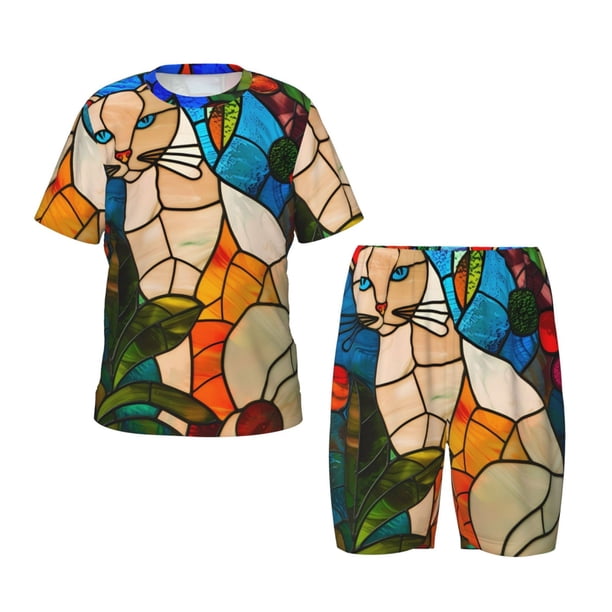 Balery Stained Glass Cat Art Conjunto de Pijama Infantil de Manga Corta con Estampado – Ropa de Dormir de Algodón Suave-3X-Large