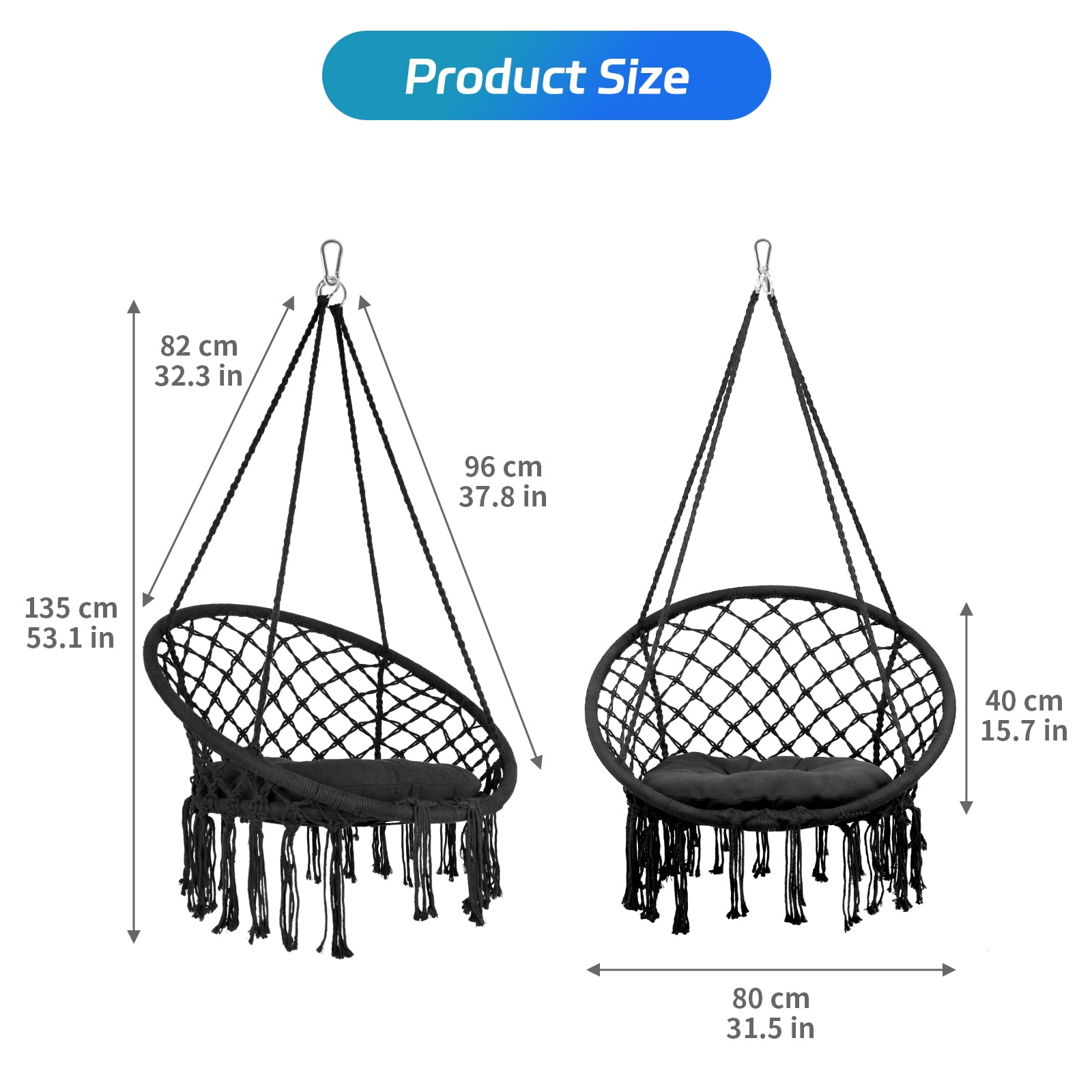 Chair Rope Swing Macrame Hammock, Hanging Cotton Kits - Hand-Woven Rope, Steel Spreader Bar Anti-Slip Rings, Black, Safe, Soft, Durable, for Porch Bedroom