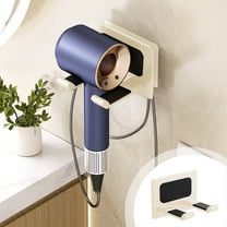 Folding Hair Dryer Holder Rack, Wall-Mounted No-Drill Storage Organizer with Adhesive for Bathroom, Holds 2kg, Includes Jewelry Hooks, White/Gray/Beige