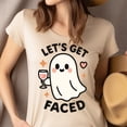 thumbnail image 4 of Let’s Get Faced Graphic Tee Funny Ghost Wine Cartoon Shirt, Heliconia, Size S, 4 of 6