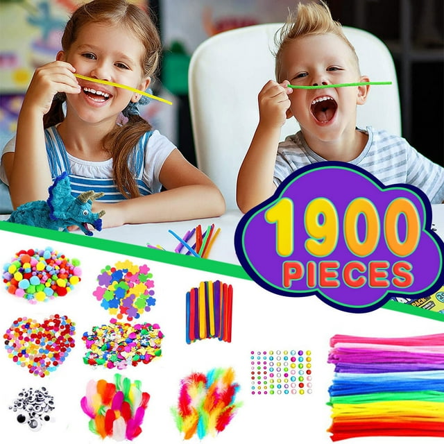 Fiudx Kit de Manualidades de 1900 Piezas, Herramientas de Arte Diy, Pompones, Limpiapipas, Plumas, Cuentas, Palitos de Madera, Tijeras, Divertido Juego de Creatividad, Actividades para El Hogar y La