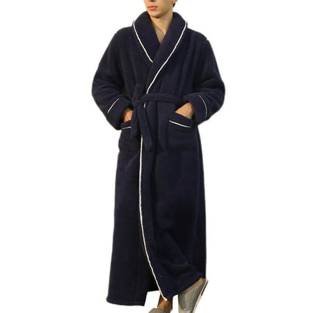 

Wrcnote Men Sherpa Bathrobes Long Sleeve Fuzzy Plush Bathrobe Belted Fleece Robe Home Plain Sleepwear V Neck Men Navy Blue M