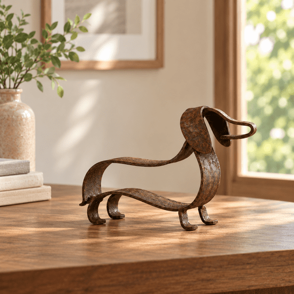 Vintage Antique Rustic Metal Bronze Animal Sculpture, Dachshund Figurine Statue, Retro Tabletop Art Decor Ornament for Home Living Room Mantel Holiday Display Layou
