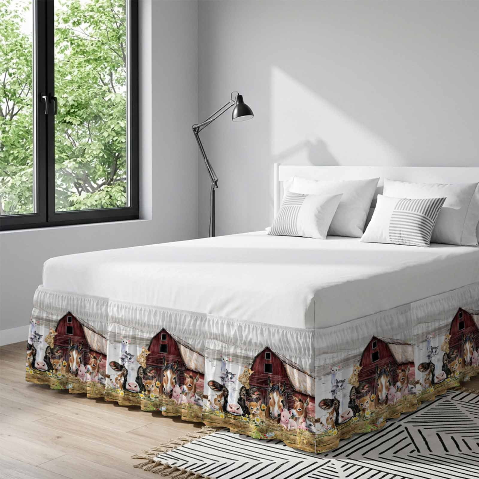 Farmhouse Animals Bed Skirt Queen Size, Cow Pig in Fence Retro Wood Barn Wrap Around Bed Skirting with Adjustable Elastic Strap, Dust Ruffle Pleated Bedskirts 16 Inch Drop for Bedroom Queen Beds