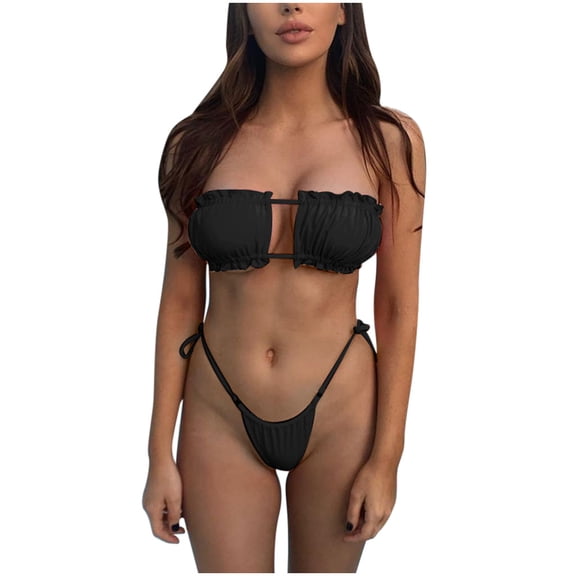 DHFJKG Bikini Set Womens Summer Swimwear Fashion Strapless Wireless Top Side Tie Thong Two Piece Swimsuits Holiday Beachwear