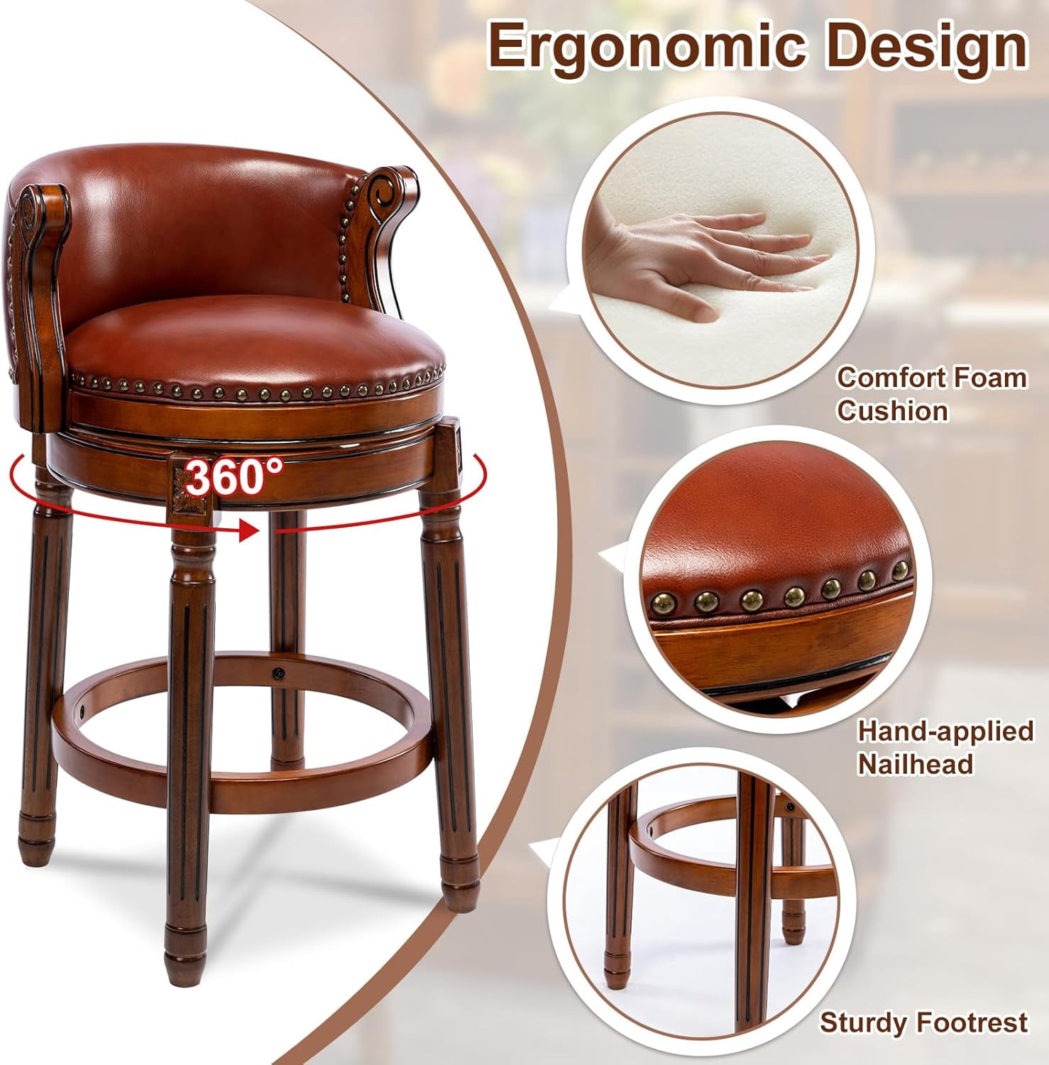Aulife set of 2 Bar Stools Genuine Leather Counter Height barstool Wooden Swivel kitchen Stool with Footrest for Kitchen Dining Room Brown