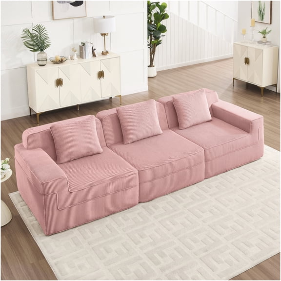 Modular 3-Seat Pink Corduroy Cloud Sofa, No Assembly Sectional Couch with Deep Seat and Throw Pillows, Plush Modern Living Room Furniture