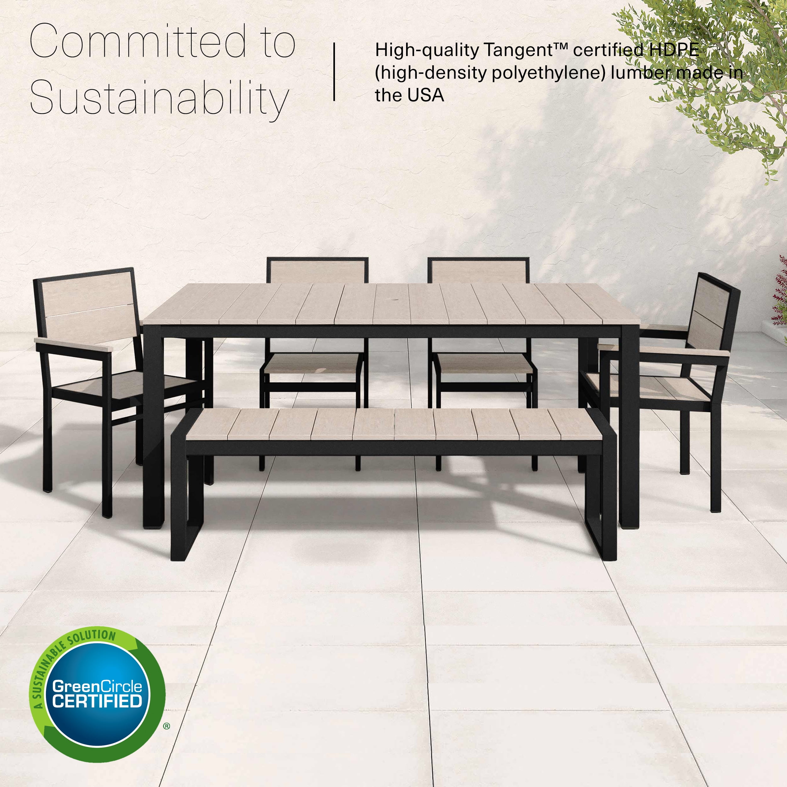 DuroGreen Park City 72" Rectangular 6-Pc Outdoor Dining Set, 1 Table/1 Bench/4 Chairs Made With All-Weather Tangentwood, High End Patio Furniture, Easy Assembly, USA Made, Black with Paper Birch