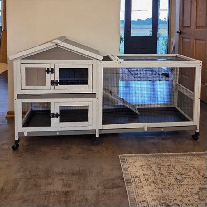 PETSCOSSET Small Animal Hutch, Indoor Outdoor Safe &Durable All-Climate Rabbit Hutch, Fir Wood Cage with Wheels