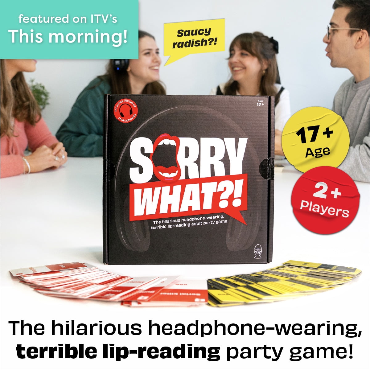 Sorry What -  Uncensored Terrible Lip Reading Adult Card Game - Based On The Headphone Challenge TikTok Trend - 2+ Players 40,000 Funny Word Phrase Combinations - Party Game for Adults