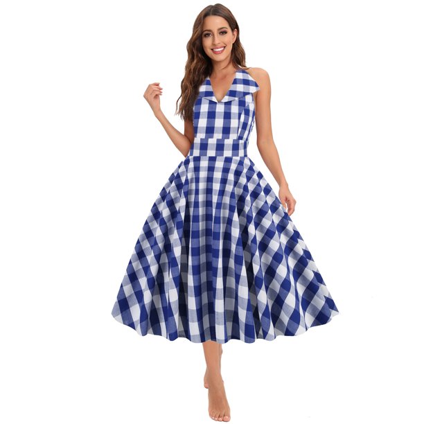 ICHUANYI Clearance Women's Fashion V-neck Sleeveless Backless Vintage Printed Party Cocktail Dresses Stretchy Dresses(Blue, L) ICHUANYI WER2023081512190