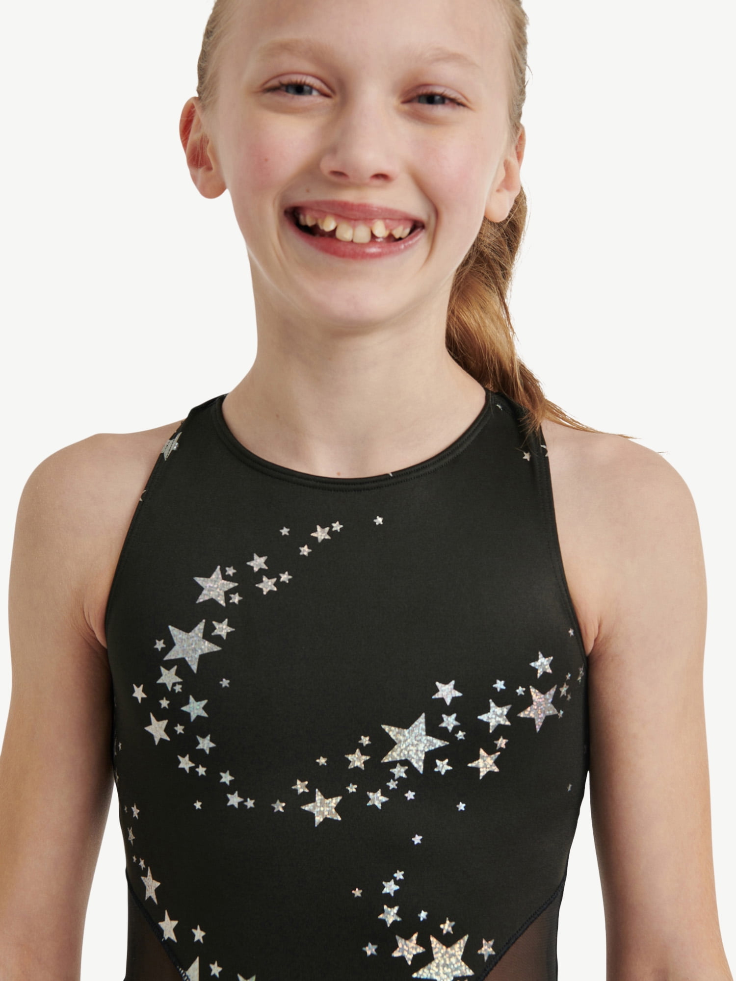 Justice Celestial Foil Print Gymnastics Leotard for Girls with Scrunchie, Sizes XS-XL