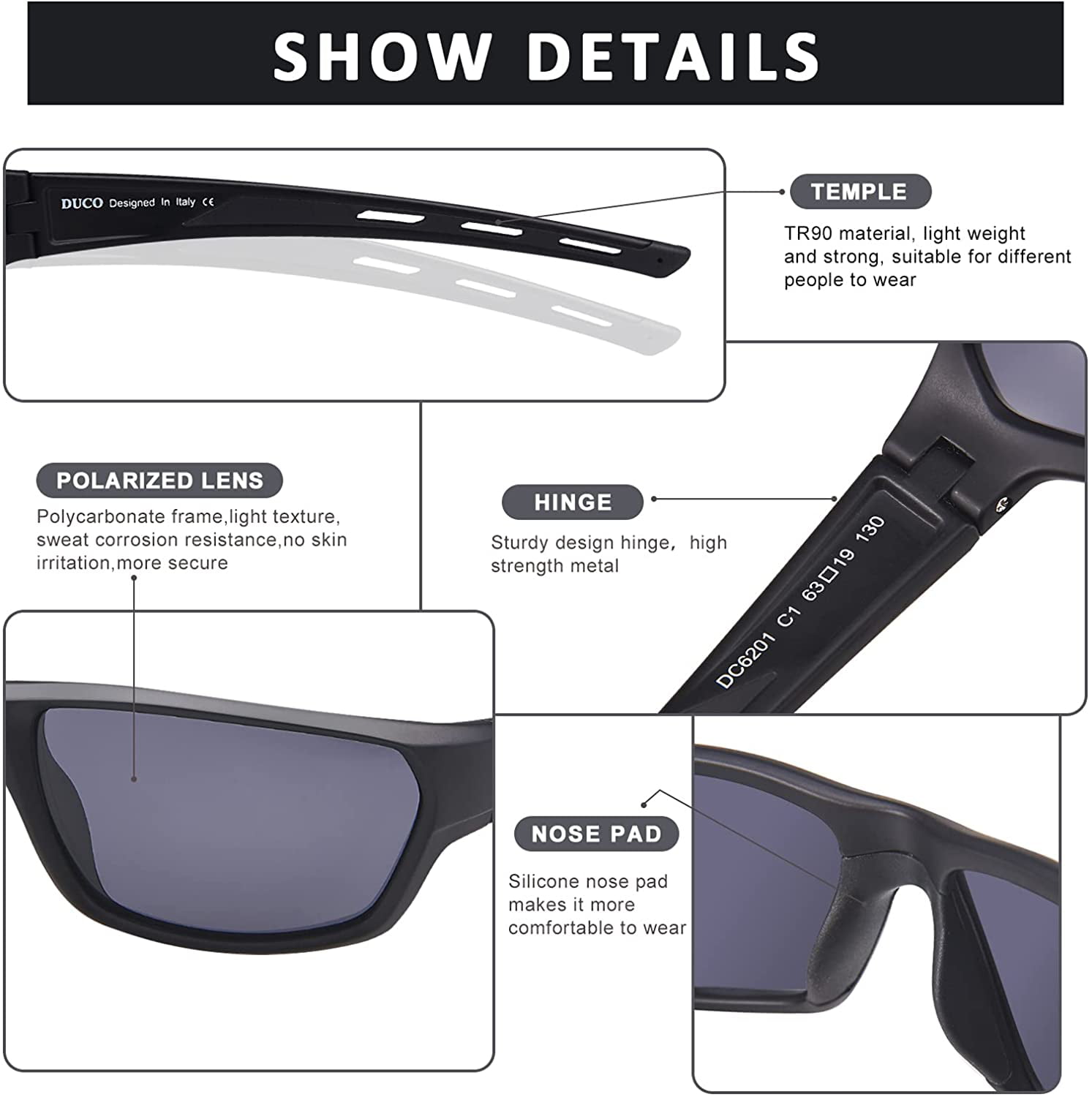 DUCO Polarized Sports Running Baseball Cycling TR90 Superlight Frame Sunglasses for Men 6201 Black Frame Red Lens 