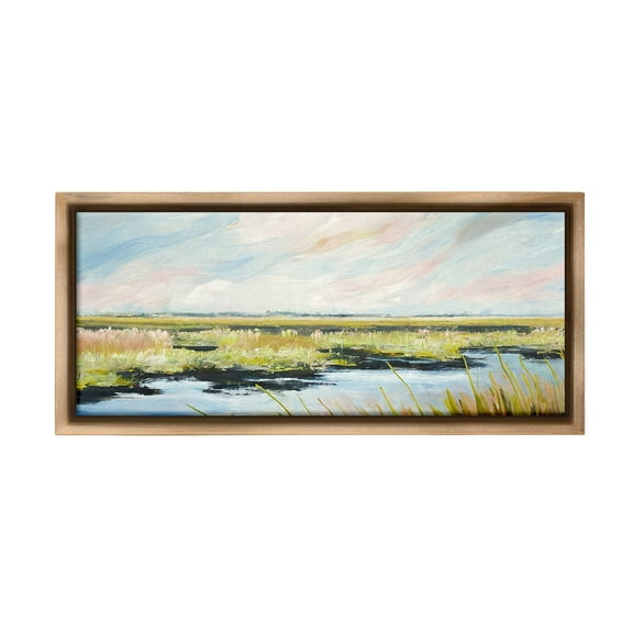 Stupell Industries River with Pastel Sky Landscape Painting Brown Floater Framed Canvas Art Print Wall Art, 31 x 14