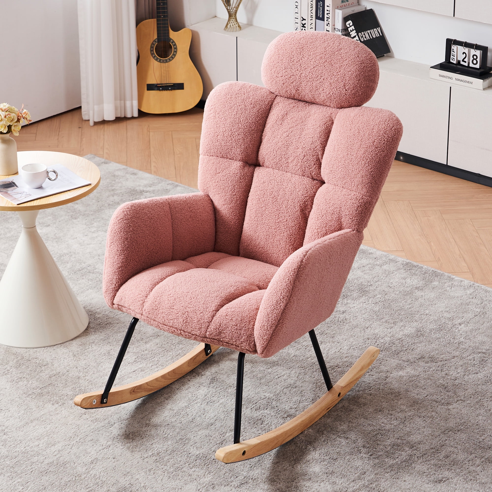 Kojooin Rocking Chair, Modern Upholstered Rocking Armchair With Thick Headrest, High Backrest Accent Nursery Glider Rocker Chair For Bedroom Nursery Living Room