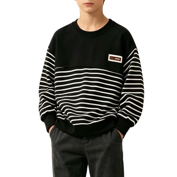 Iyufng Crew Neck Striped Sweatshirts for Boys Ribbed Cuff Relaxed Fit Daily School Long Sleeve Kids Pullover