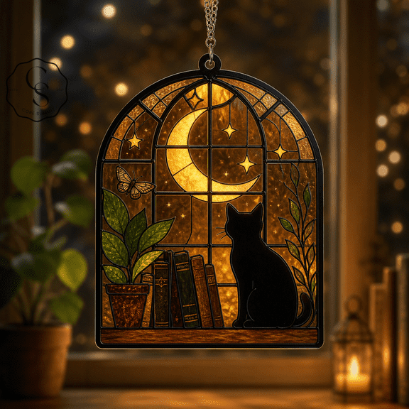 Acrylic Suncatcher Moonlit Cat Window Acrylic Window Hanging for Halloween Decor