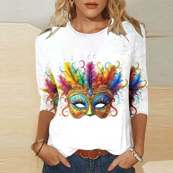 CYiJun Mardi Gras Clothing,Women's Mardi Gras Party Top,Soft 3/4 Sleeve Crewneck Blouse for New Orleans Carnival
