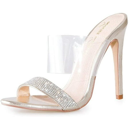 

Lauren Lorraine Les Silver Clear Cuff Rhinestone Fashion Lower Band Heel Sandals (Silver 9.5)
